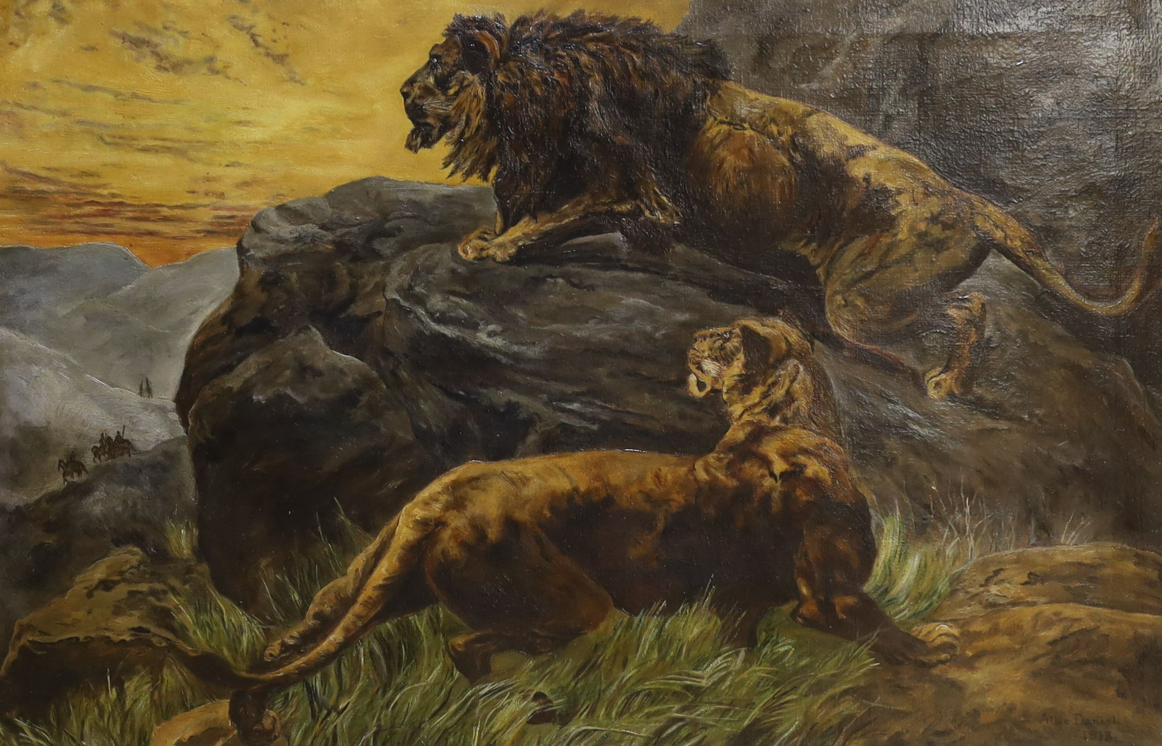 Alice Daniel, oil on canvas, Lions after Herbert Dicksee, signed and dated 1913, 50 x 75cm